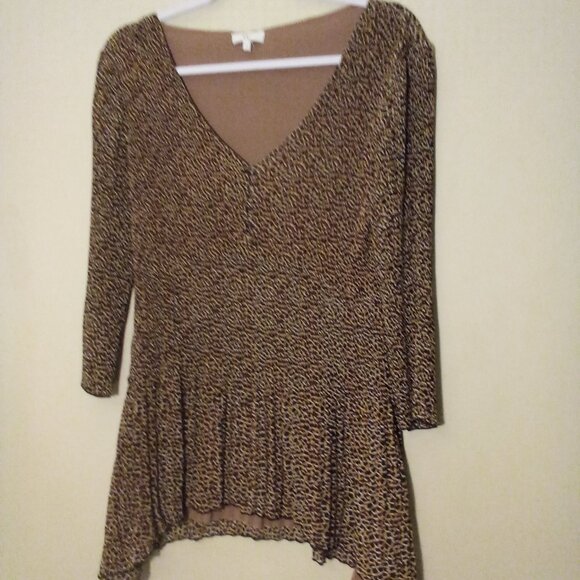 CC Blouse S 3/4 Sleeve Soft Stretch Ribbed Asymmetrical Animal Print Brown Black - Picture 2 of 15